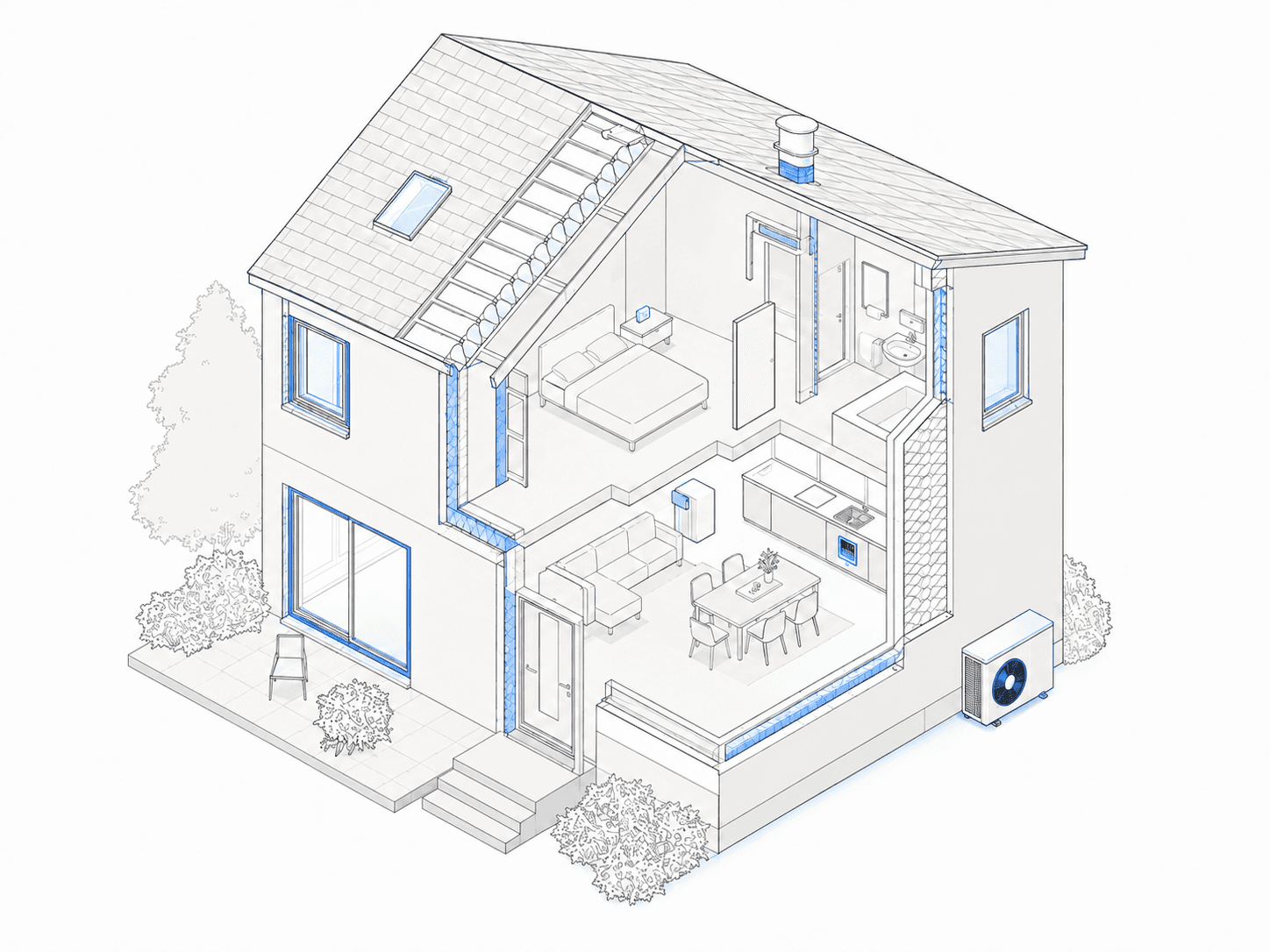 Coupe technique interactive d’une maison montrant les principaux pôles de rénovation énergétique